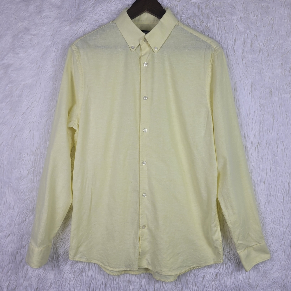 Express Mens M Slim Fit Butter Yellow Linen Blend Long‎ Sleeve Button Up